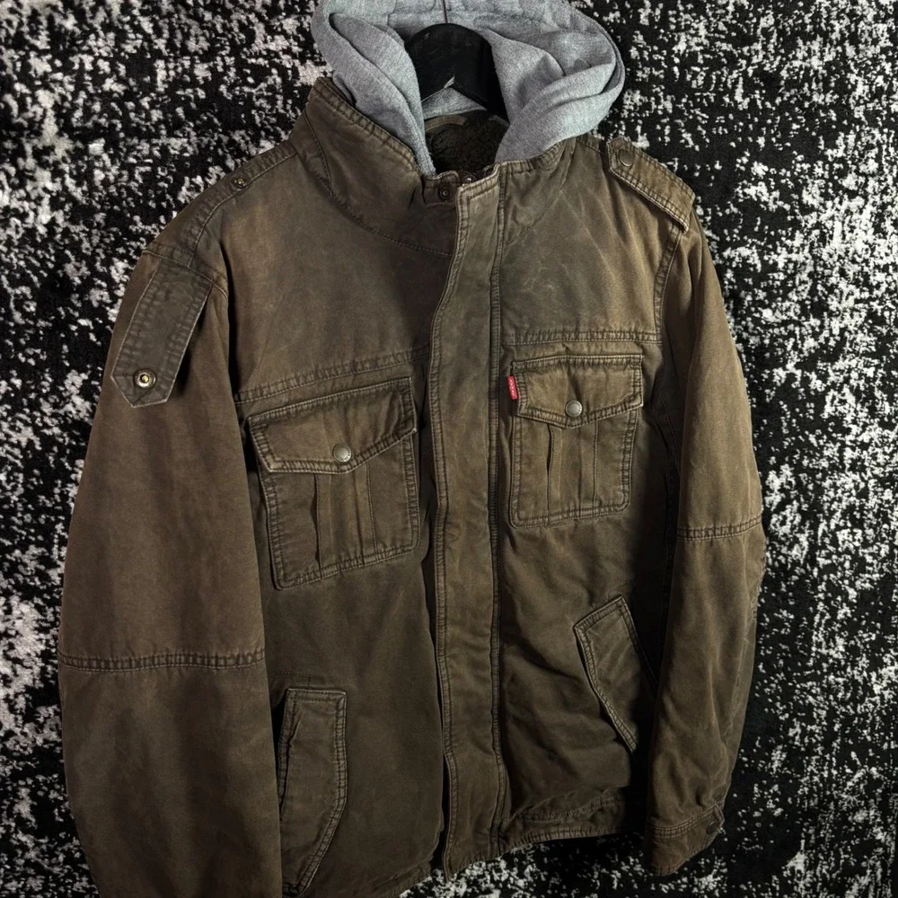 Levis Mens Sherpa Lined Utility Jacket Brown Y2K Grunge Detachable Hood Medium - Picture 2 of 7